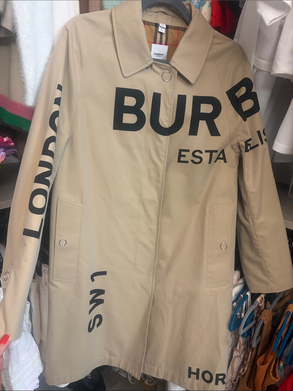 Burberry Beige Graphic Lettering Trench Coat